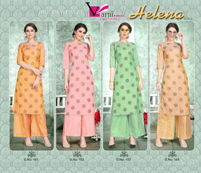 VARNI HELENA VOL-01 Latest Fancy Designer Casual Wear Soft Dola silk with Foil Print Kurtis With palazzo Collection